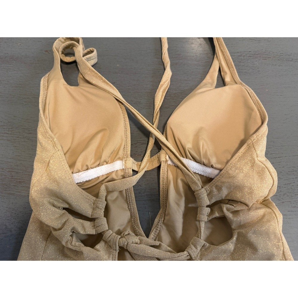 Becca Metallic Gold Shimmer One Piece Swimsuit Plunge Strappy Back Medium - Picture 2 of 4